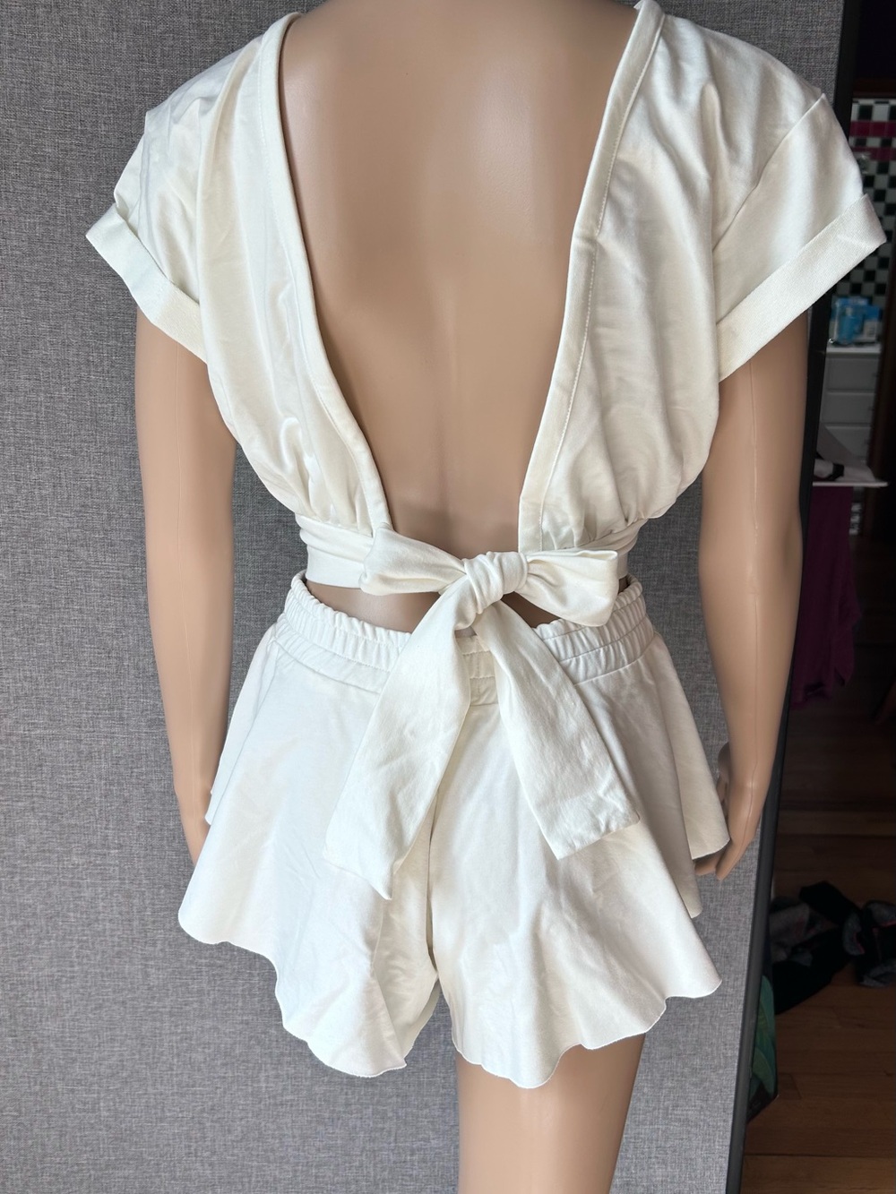 Cream Tie-V-Neck Reversible Crop Top and Flirty Shorts BAMBOO-so comfy